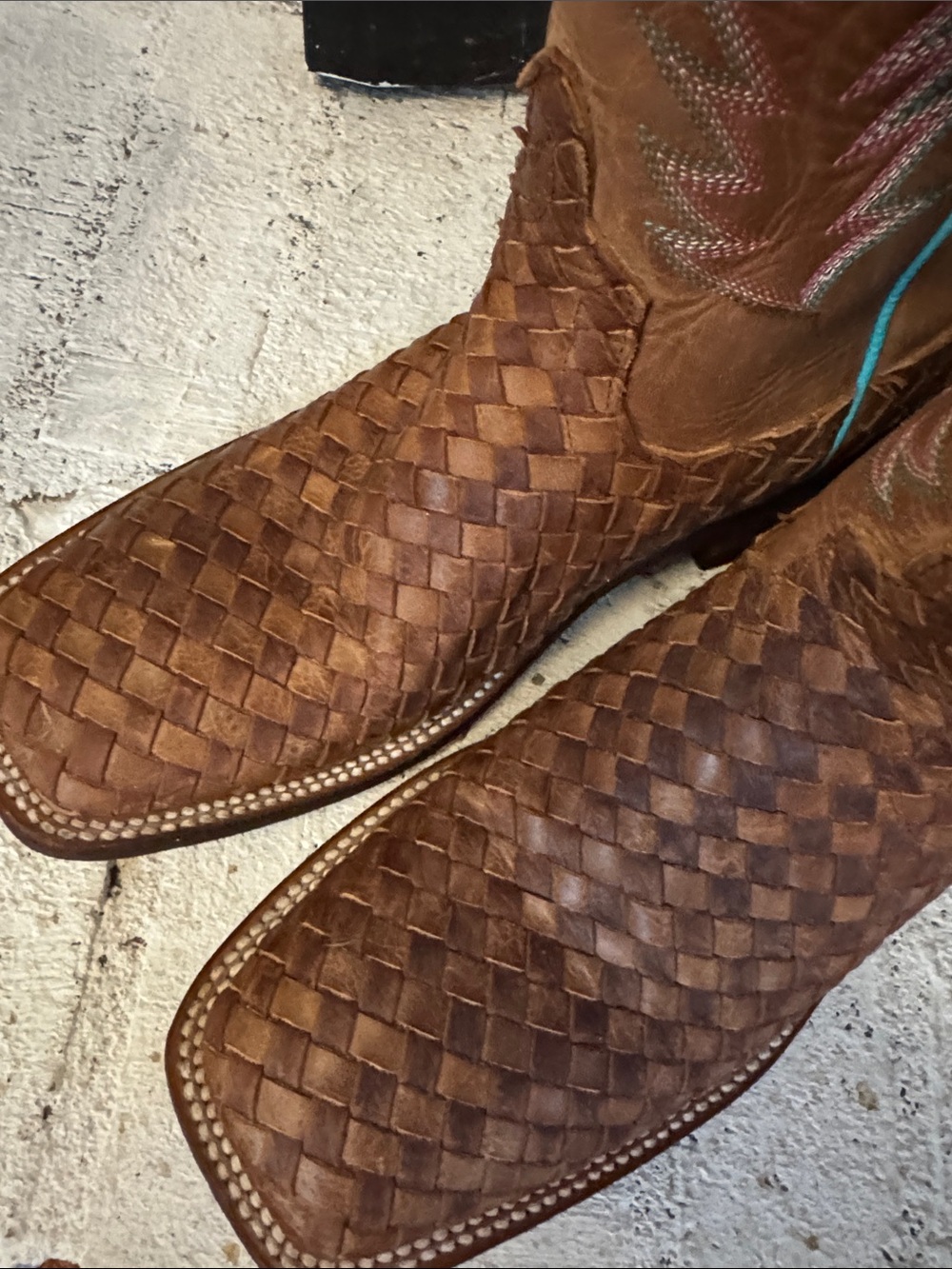 Macie Bean Brown Woven Cowboy Boots with Turquoise Trim - Picture 4 of 6